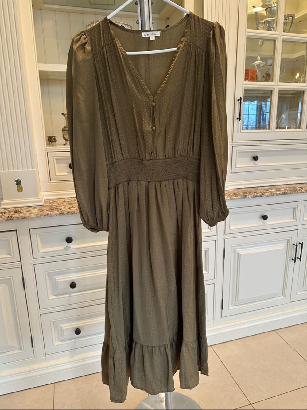 Olive Green Long Sleeve V-Neck Midi Dress with Smocked Waist